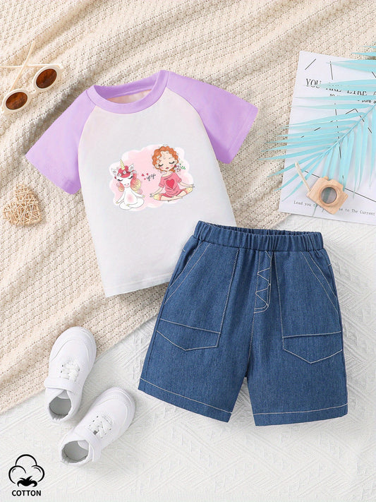 2pcs Toddler Kid Girls Cartoon Unicorn & Girl Pattern Raglan Colorblock Short Sleeve T-shirt + Denim Shorts Comfy Trendy Summer Clothing
