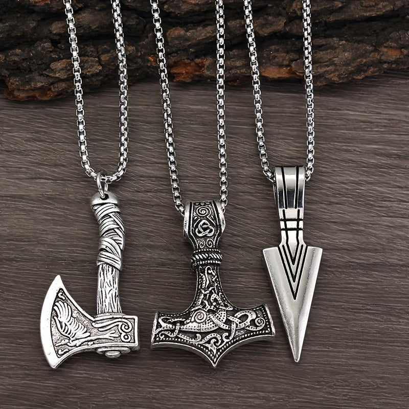 3pcs Viking Style colliers pour hommes, marteau boussole noeud celtique loup Ax pendentif collier, nordique amulette pendentif collier vacances bijoux cadeau