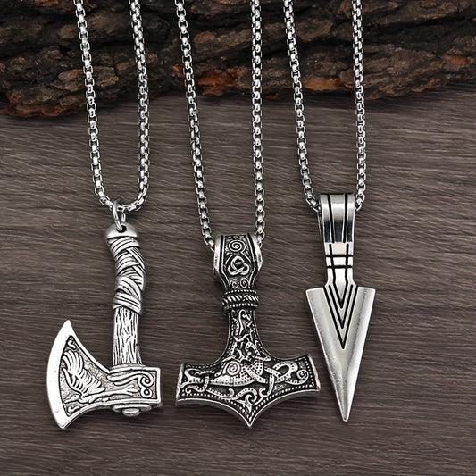 3pcs Viking Style Necklaces For Men, Hammer Compass Celtic Knot Wolf Ax Pendant Necklace, Nordic Amulet Pendant Necklace Holiday Jewelry Gift