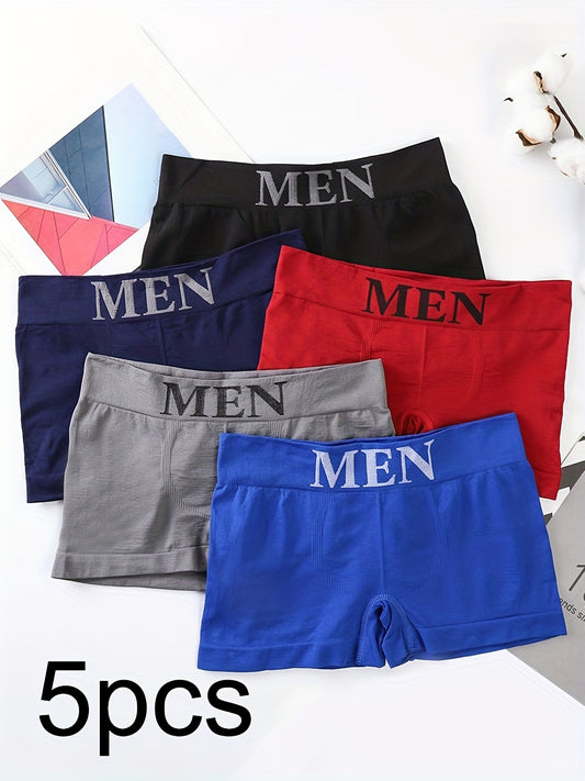 5pcs Men's 'MEN' Print Plain Color High Stretch Breathable Quick Drying Comfortable Boxer Briefs Underwear (smaller Size)