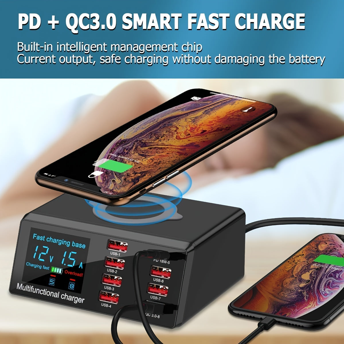 PD20W Total 100W ,8-port USB Fast Charger 3.0QC, 15W Fast Wireless Charging, USB Hub Fast Charging Station Compatible With All Smartphones And For IPads, Camera Headsets, For Samsung\u002FAndroid\u002FOther USB Devices