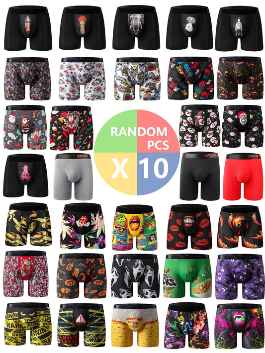 10pcs Random Style Men's Underwear, Cartoon Christmas Graphics Print Comfortable And Breathable Elastic Boxer Briefs Shorts, Running Sports Fitness Briefs, Valentine's Day