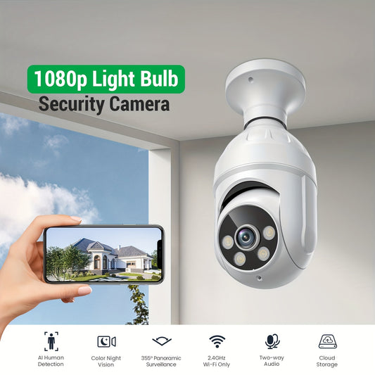 Smart Home Security System: Light Bulb Camera With AI Human Detection & Track, 355° Panoramic View, Color Night Vison, Two-Way Audio & More!