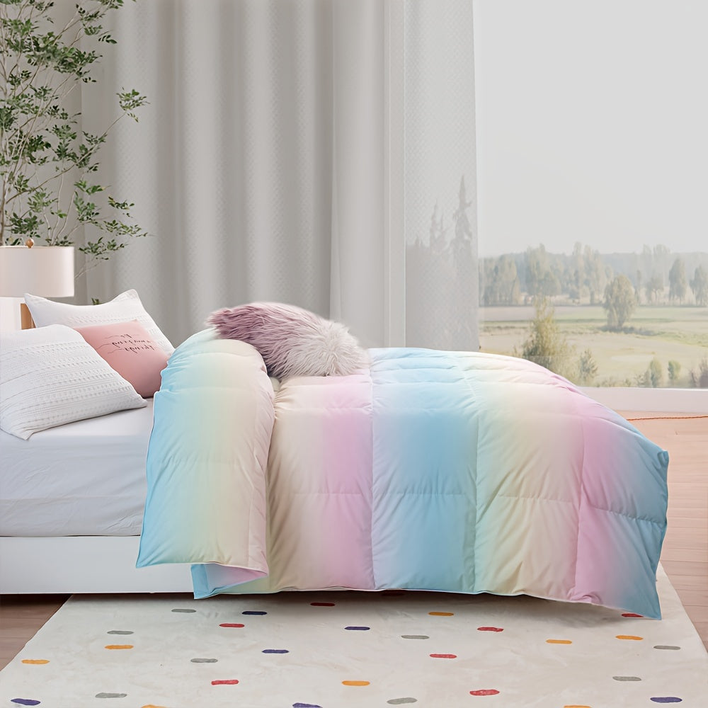 1pc All Season Rainbow Down Comforter, Heavy 75% Down Comforter, Fluffy Tie Dye Bedding Duvet, 3D Baffle Box Stitching And 8 Corner Tabs, Super Warm For Cold Weather Sleepers