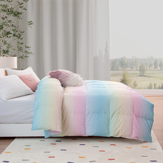 1pc All Season Rainbow Down Comforter, Heavy 75% Down Comforter, Fluffy Tie Dye Bedding Duvet, 3D Baffle Box Stitching And 8 Corner Tabs, Super Warm For Cold Weather Sleepers