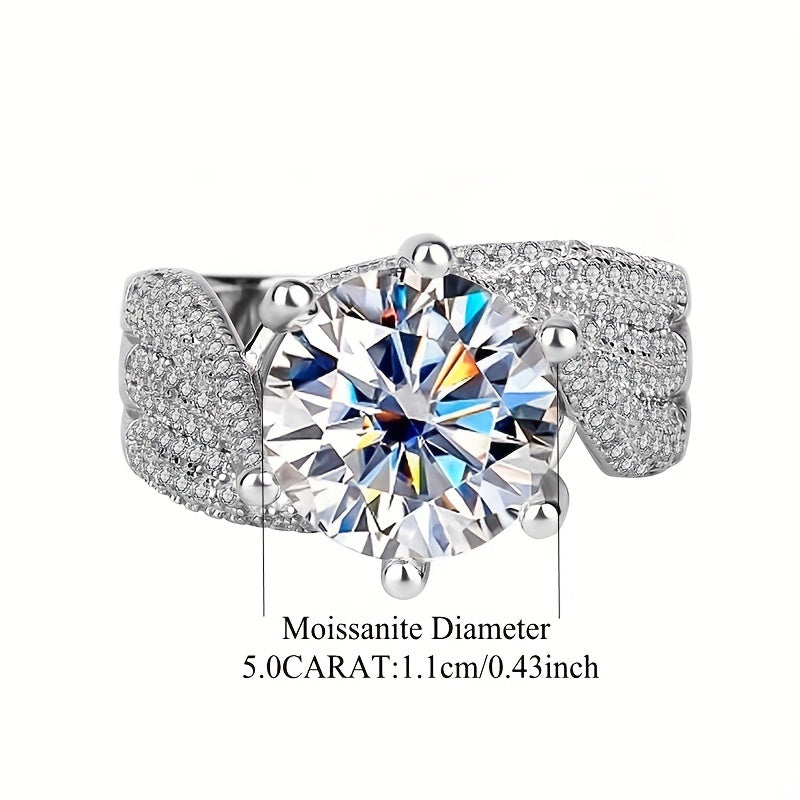 Anel de moissanite de prata esterlina 925 de 5 quilates, luxuoso embutimento completo de diamante falso, presente de proposta de noivado de casamento de dia comemorativo