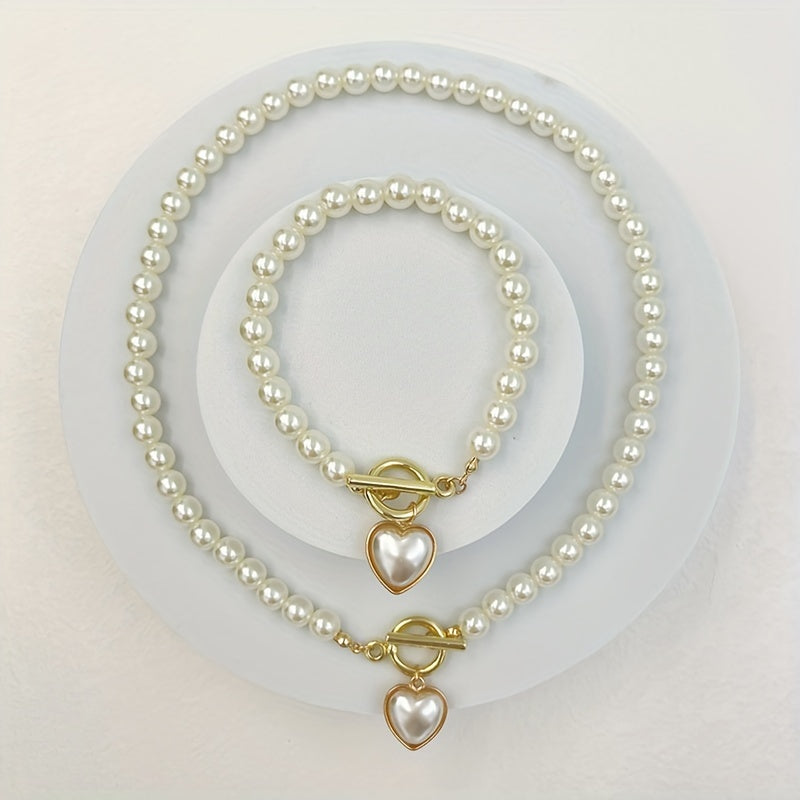 2pcs Necklace + Bracelet Chic Jewelry Set Classy OT Buckle & Sweet Heart Design Made Of Milky Stone 14k Gold Plated Match Daily Outfits Gift For Female