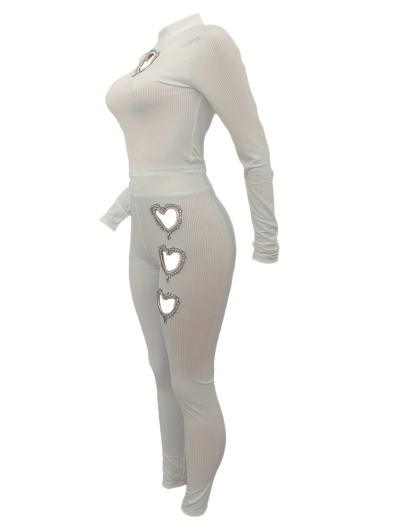 Heart Shaped Cut Out Two-piece Set, Mock Neck Long Sleeve Top & Slim Pants Outfits, Women's Clothing