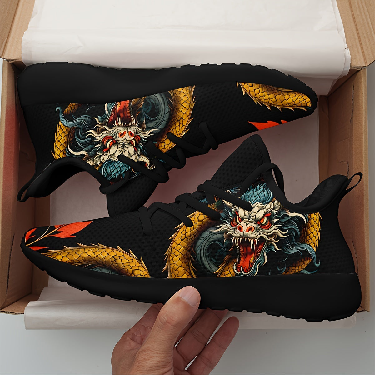 Hommes Chinois Dragon Conception Graphique En Tricot Respirant Chaussures de Course, Confortable Doux Semelle Absorption Des Chocs À Lacets Sneakers