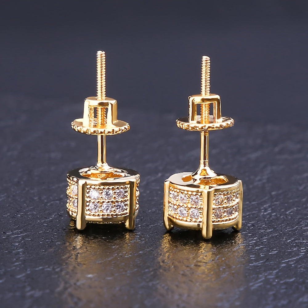 2pc ICED CHICS Europe And The United States Burst Model Hip-hop Men's Earrings Zirconia Micro-setting Color Plating Round Earrings