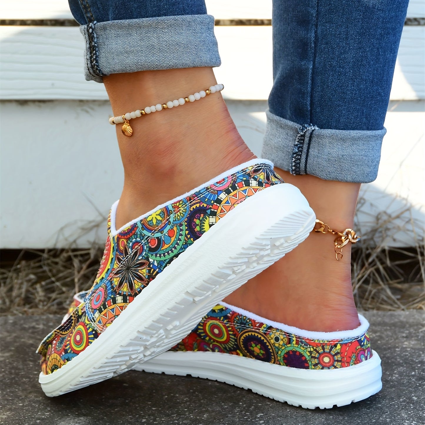 Women's Colorful Floral Print Canvas Shoes, Fashion Slip On Flat Backless Loafers, Casual Walking Shoes