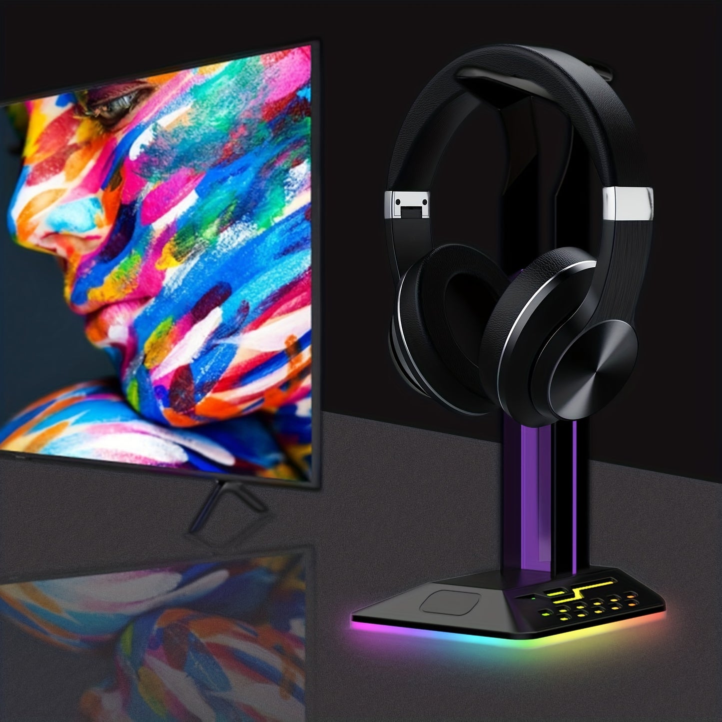 Gaming Headset Stand Headphone With Cable Hook 7 RGB Lighting Effects Anti-slip Base