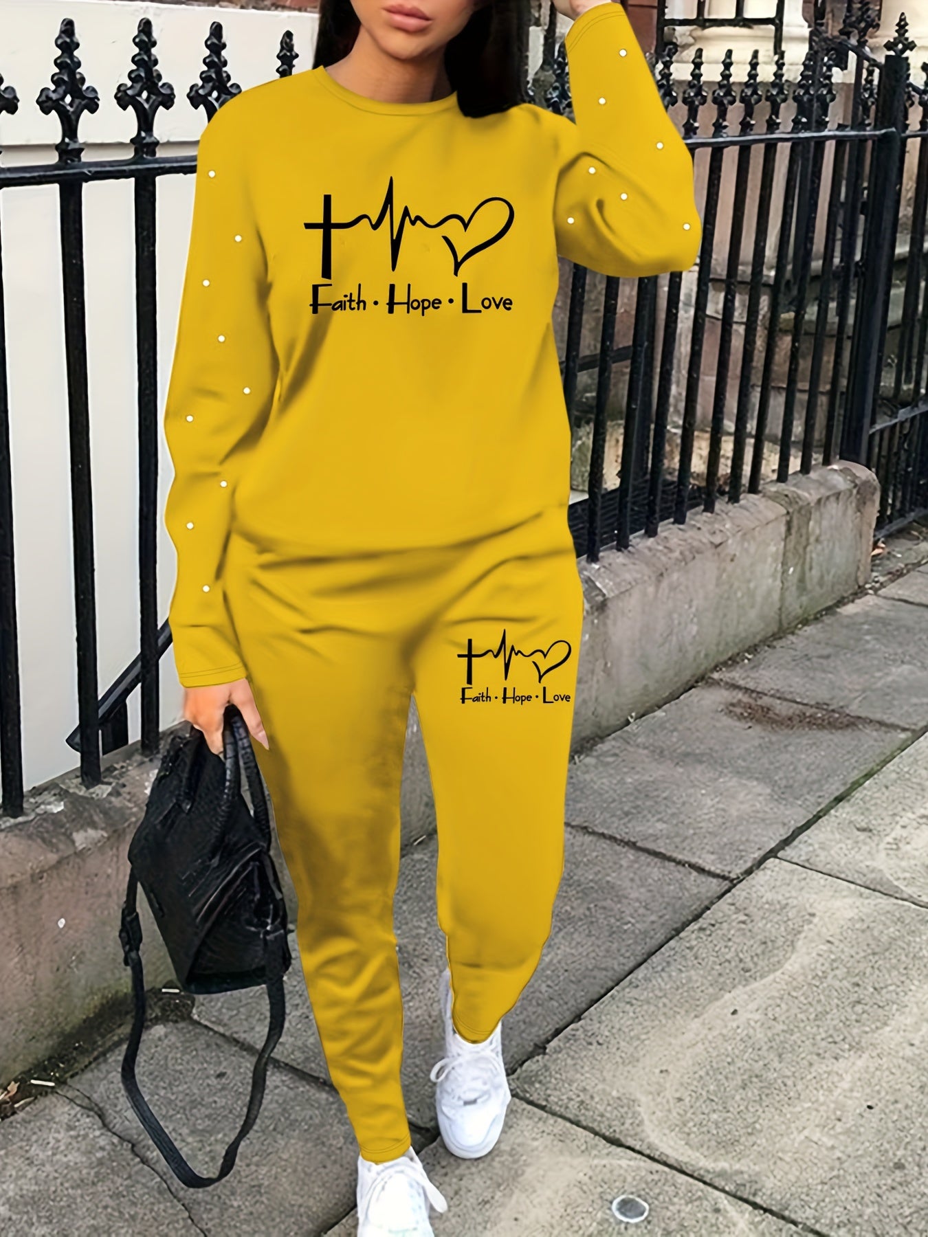 Graphic & Letter Print Two-piece Set, Casual Long Sleeve Sweatshirt & Sweatpants Outfits, Women's Clothing