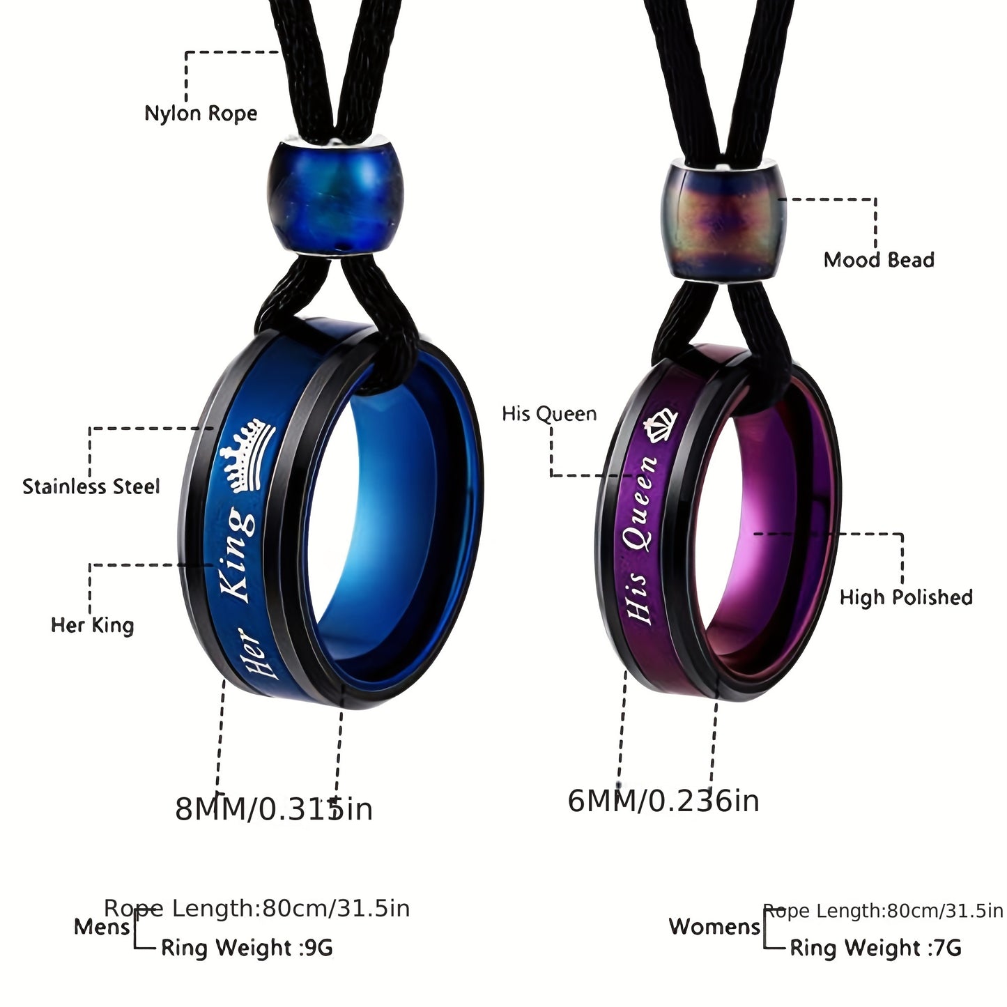 Stainless Steel Necklace Two-Piece Set Colorful Couple Ring Pendant Necklace Promise Necklace