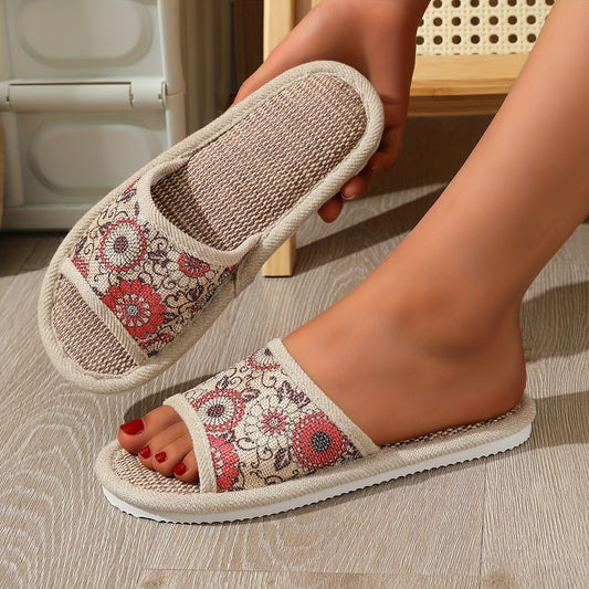 Floral Print Home Slippers, Slip On Lightweight Flat Soft Sole Slides Shoes, Casual & Comfy Linen Sole Shoes