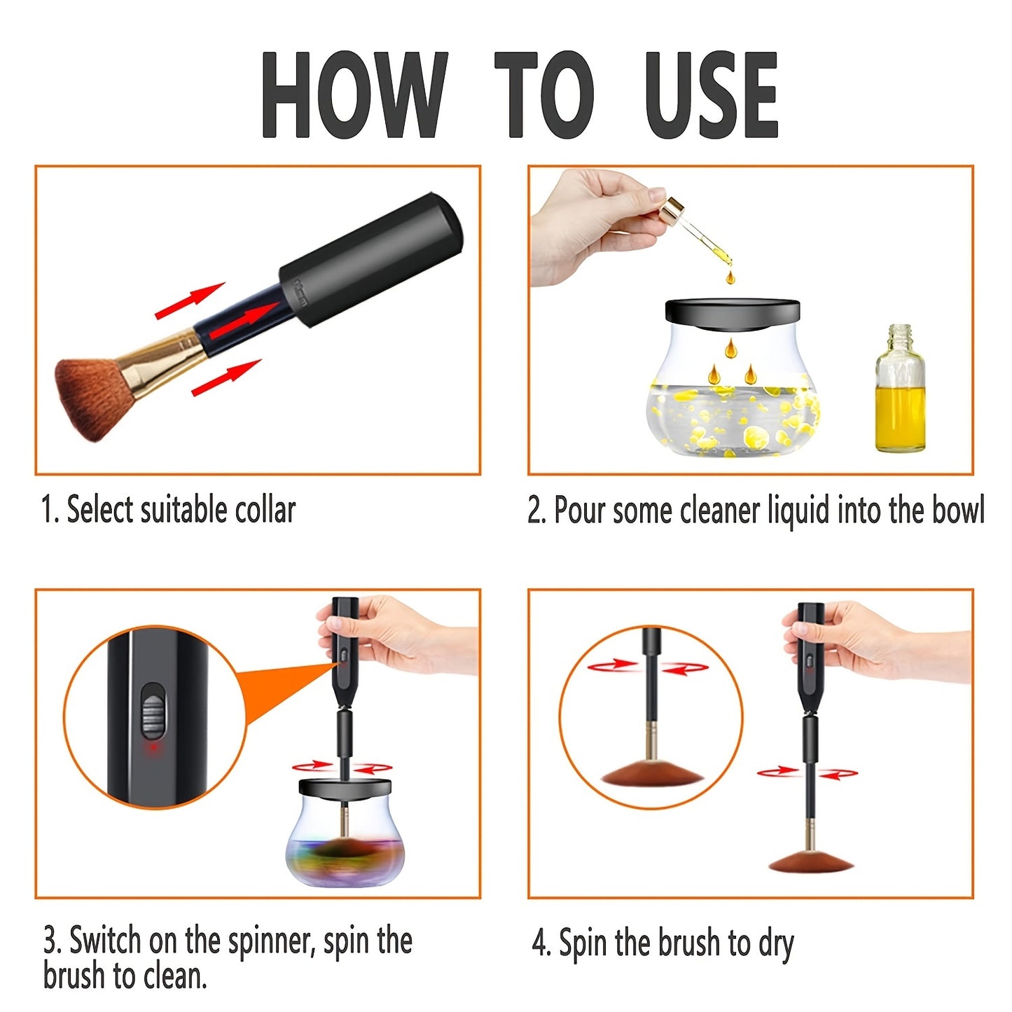 Electric Makeup Brush Cleaner and Dryer - Quick and Easy Cleaning and Drying in One Minute - 8 Rubber Tube Sleeves for Optimal Brush Care