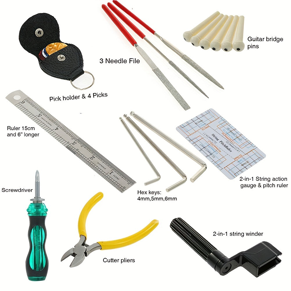 26Pc Guitar Repair Tool Kit - Ruler, Wire Pliers, Files & More - For Guitar, Bass, Mandolin & Banjo Maintenance & Cleaning