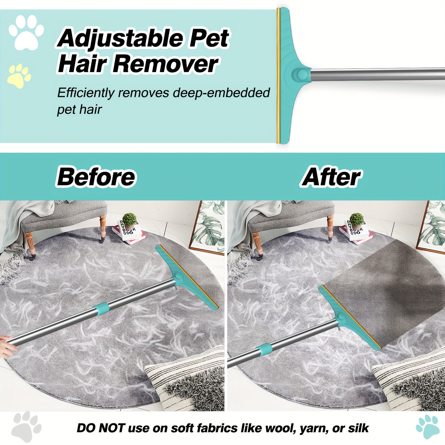 1pc Long Handle Pet Hair Remover, réglable et rétractable chien cheveux Remover avec trou de suspension, Pet Hair Remover Grattoir pour canapé lit tapis