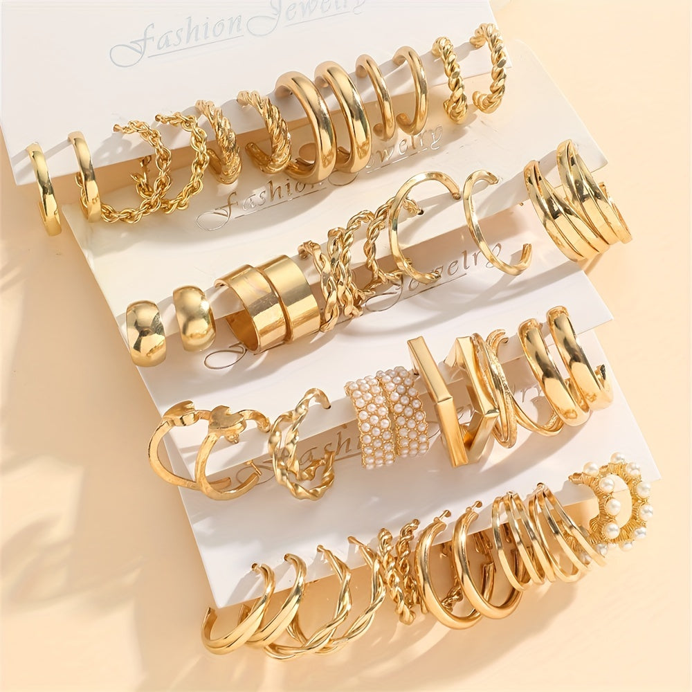 24 Pairs Golden Hoop Earrings Set With Faux Pearl Decor Sexy Simple Style Alloy Jewelry Delicate Female Gift