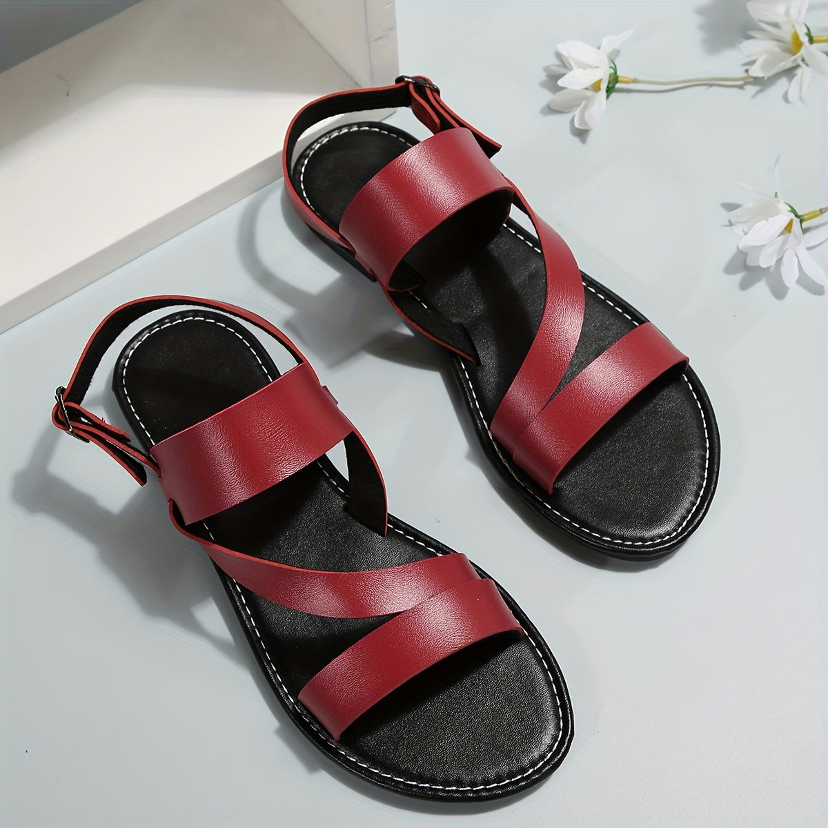 Women's Casual Flat Sandals, Solid Color Open Toe Buckle Strap Slingback Shoes, Lightweight Beach Sandals