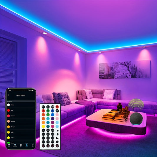 JUNQOKW 65.6ft Smart LED Strip Lights For Bedroom Music Sync LED Light Strips Work With Alexa,5050 RGB Color Changing LED Kit Lights With 44 Keys IR Remote Control,Home And Kitchen Decorations