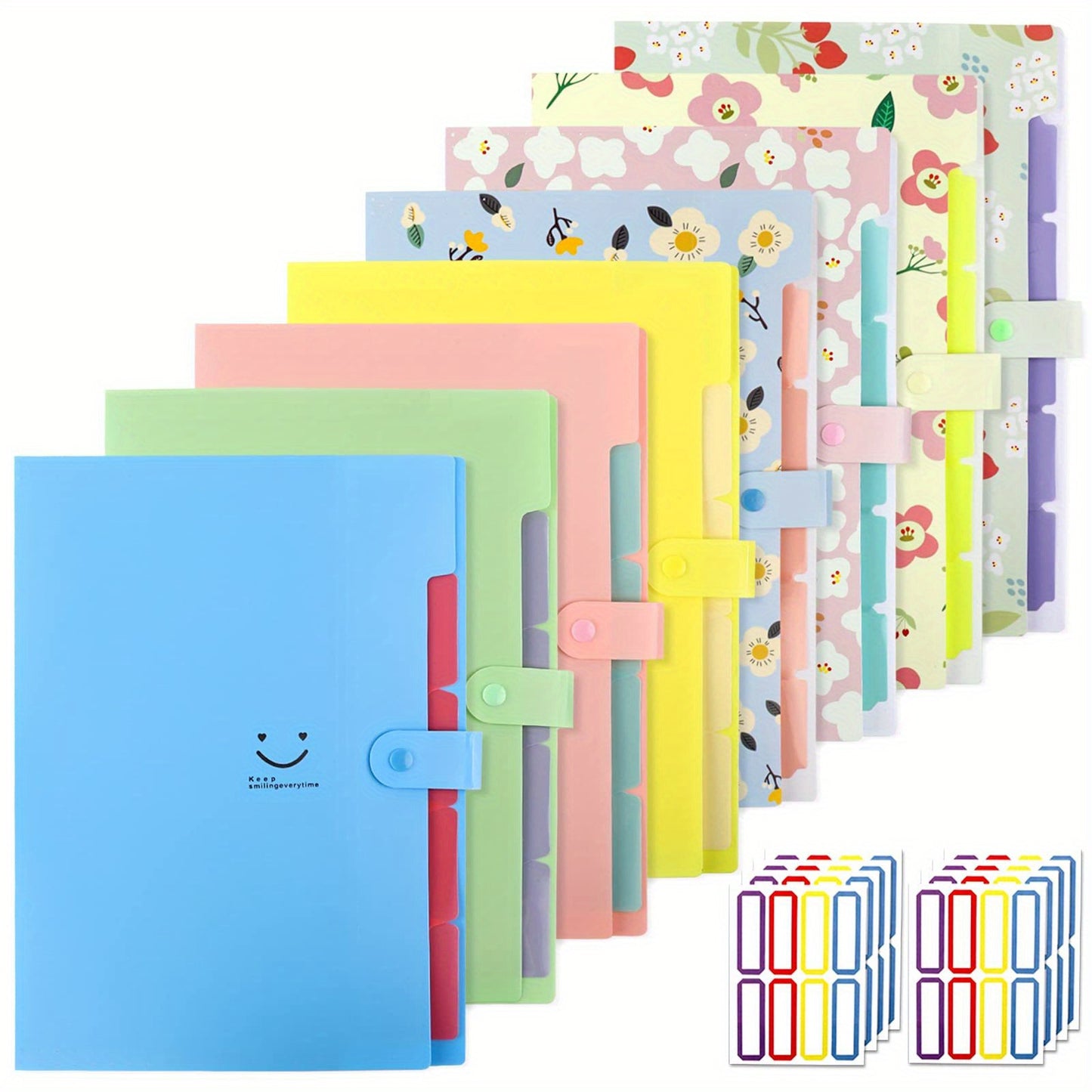 8pcs Of A4 Cute Accordion Folders, Expandable Folders, Letter Size File Storage Boxes, With 5 Pockets, 64 Labels, Suitable For School And Office Supplies. 12.8 Inches X 9.5 Inches X 0.6 Inches