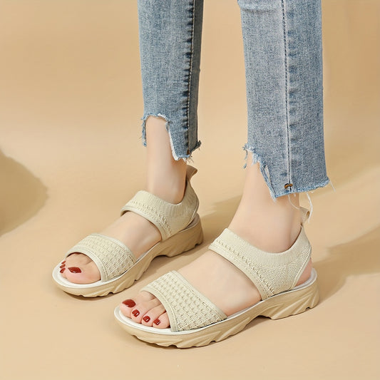 Women's Solid Color Casual Sandals, Elastic Strap Platform Soft Sole Shoes, Summer Slingback Beach Shoes