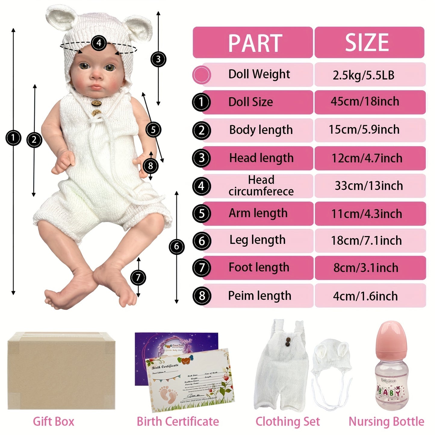 18Inch\u002F45CM All Silicone Doll Girl, Painted Realistic Full Body Soft Solid Silicone Reborn Baby Dolls For Family, Christmas Gift