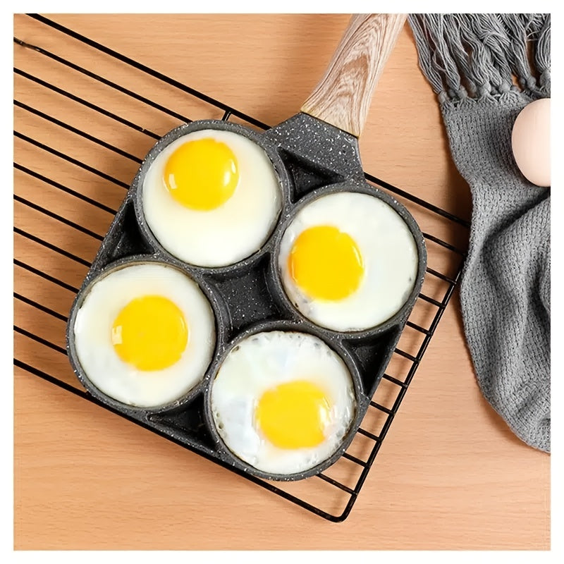 1pc Four-hole Fried Egg Pot, Household Non-stick Fry Pan For Egg, Non Stick Ham Pancake Maker, Egg Burger Pan With Wooden Handle