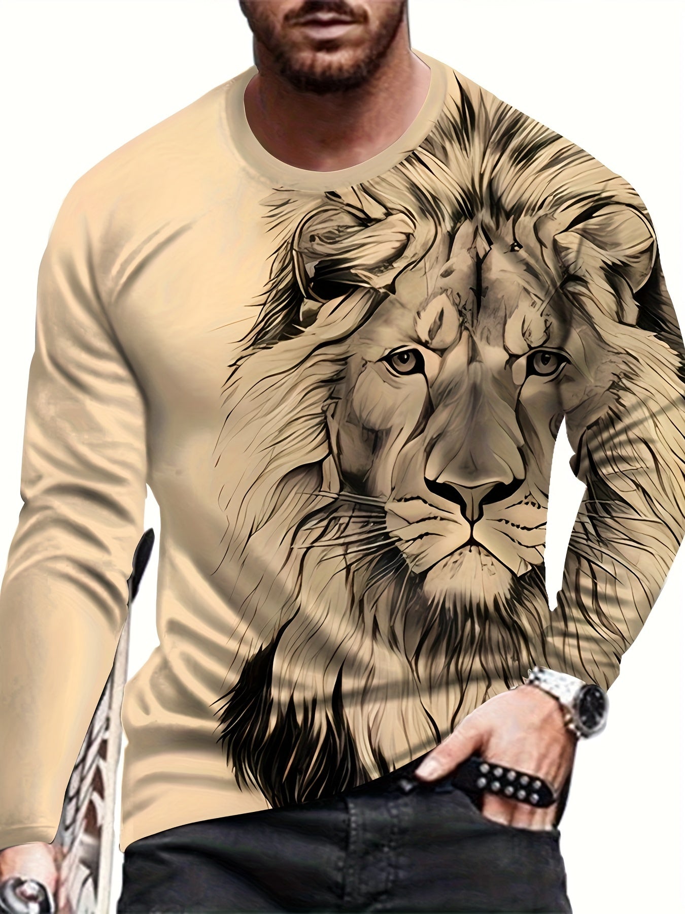 Lion Head Anime 3D-Print Kreatives Oberteil für Herren, Trendy Langarm T-Shirt mit Rundhals ausschnitt für Herren, Frühlings herbst