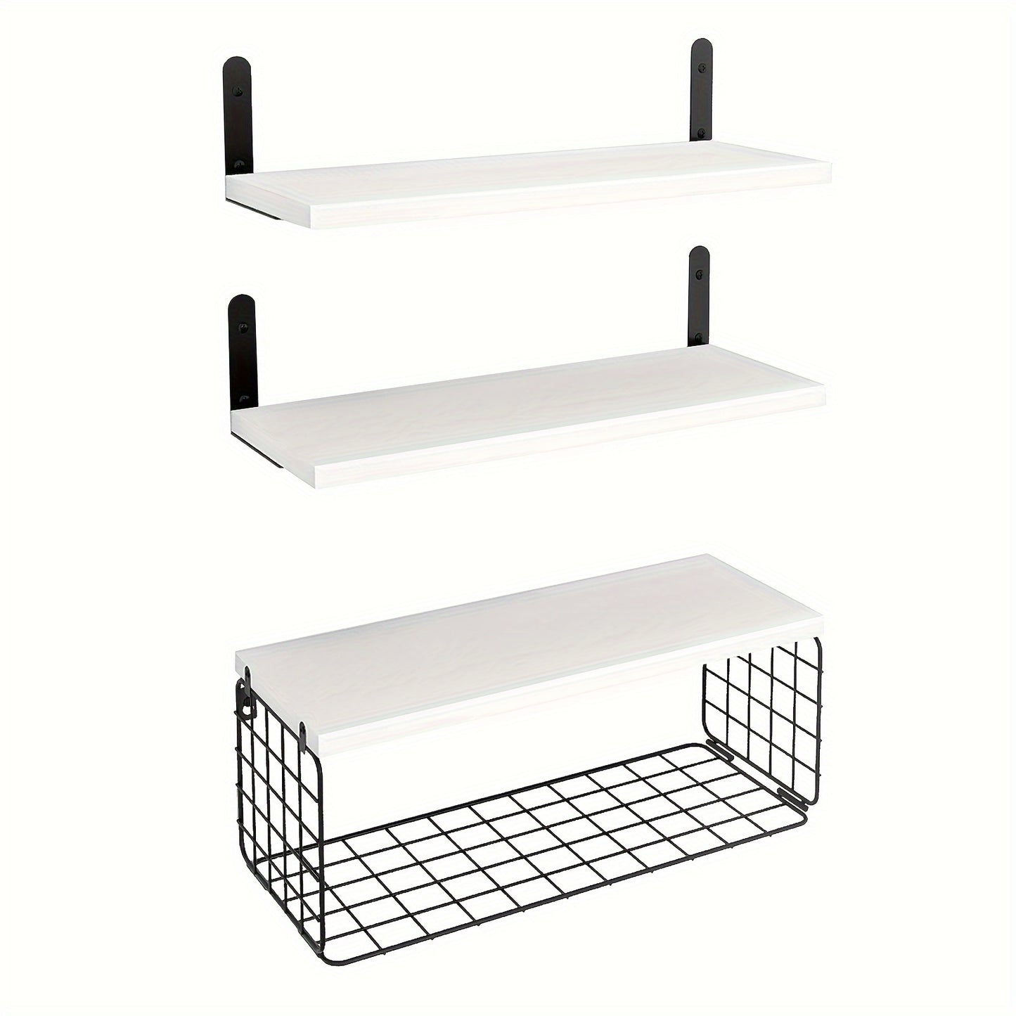 1set Bathroom Shelves Over Toilet, White Floating Bathroom Shelves Wall Mounted With Wire Basket, Wood Floating Shelf For Wall Decor, Bathroom Wall Decor Shelves, Hanging Wall Shelves For Bathroom(White)