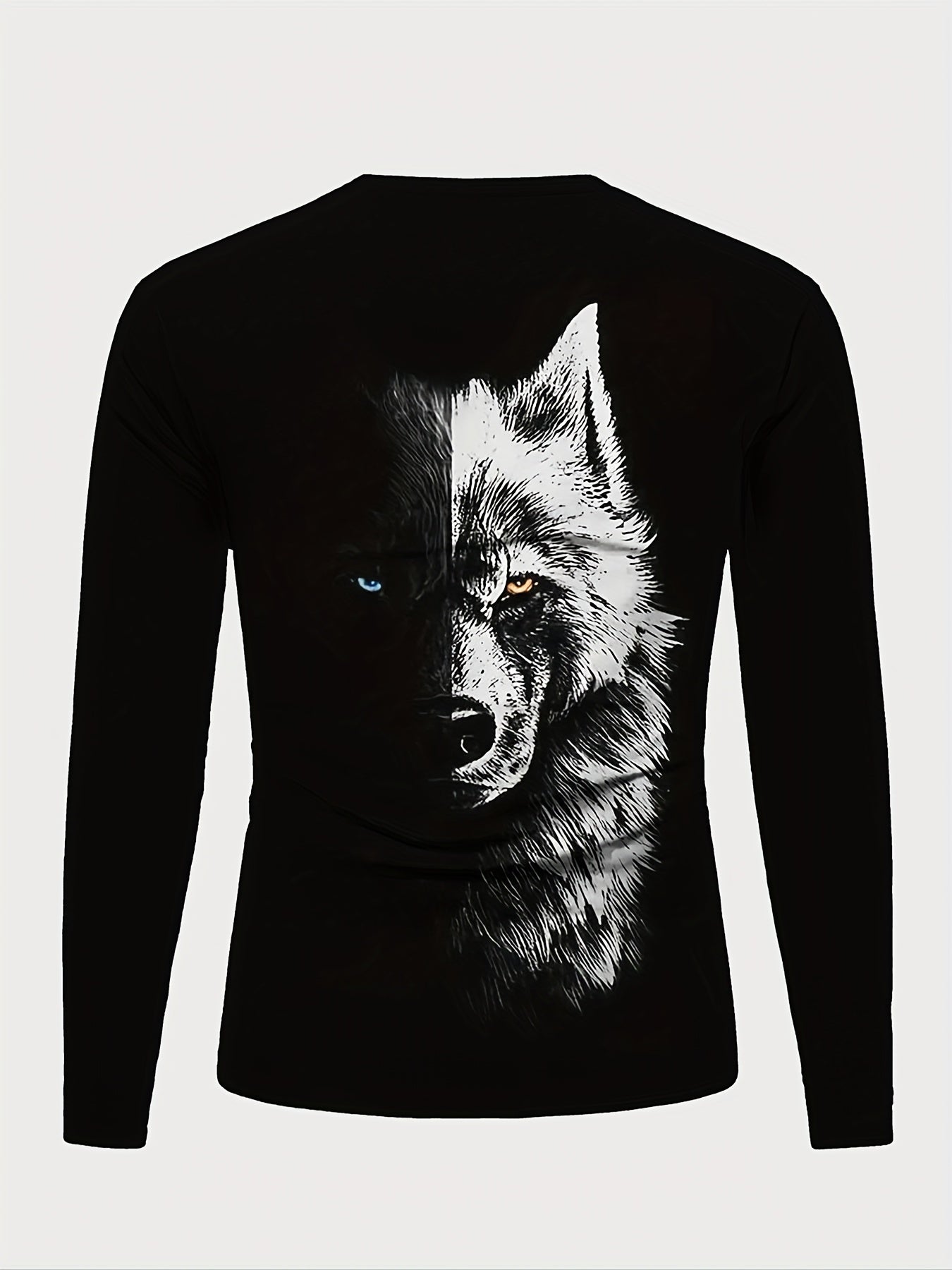 Splicing Wolf Face Men's Fashion Graphic Long Sleeve T-shirt, Spring Fall