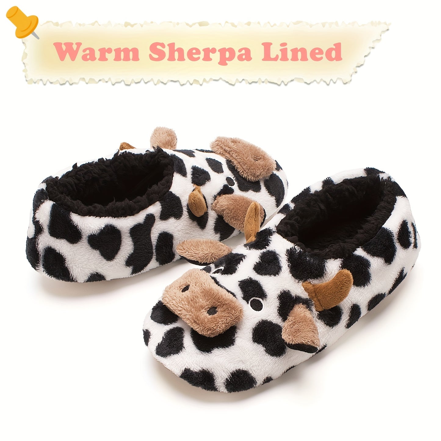 Women's Cute Cow Print Slippers, Casual Slip On Plush Lined Shoes, Lightweight Indoor Home Slippers