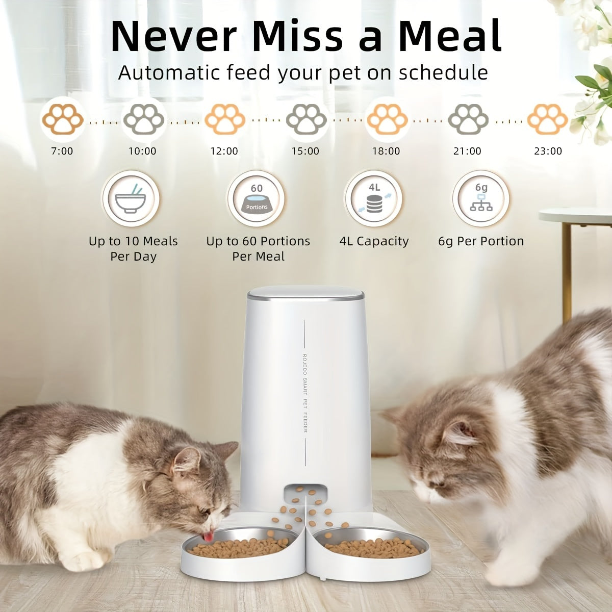 ROJECO Smart Automatic pet Feeder with Remote Control and WiFi Connectivity - Dispenses Kibble for Dogs and Cats, Ensuring Timely and Accurate Feeding