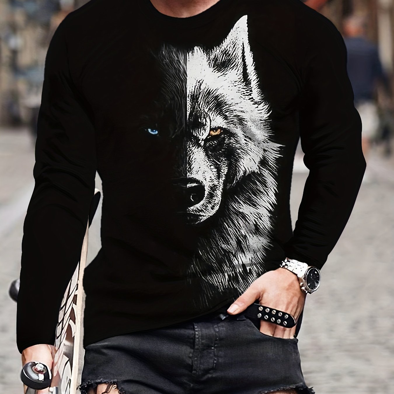 Camiseta de manga comprida com estampa de moda masculina Splicing Wolf Face, primavera outono