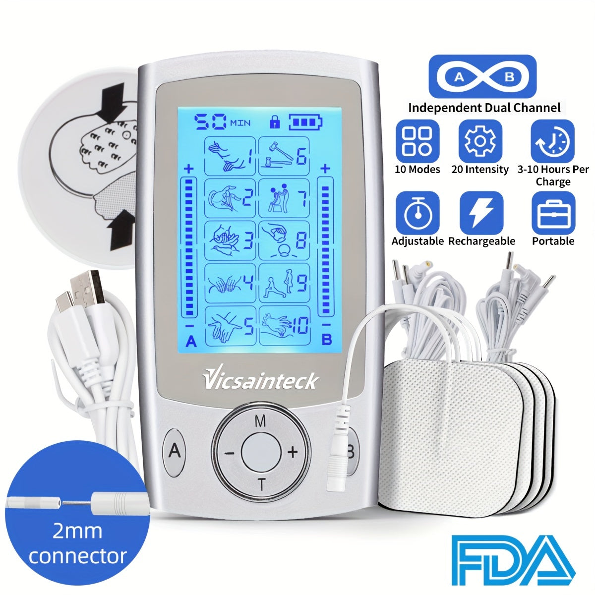 1pc Indépendant Double Canal TENS Unité Stimulateur Musculaire Machine, Avec 10 Modes, Portable Rechargeable 20 Niveaux D'intensité TENS Machine, Avec 4pcs 2 \