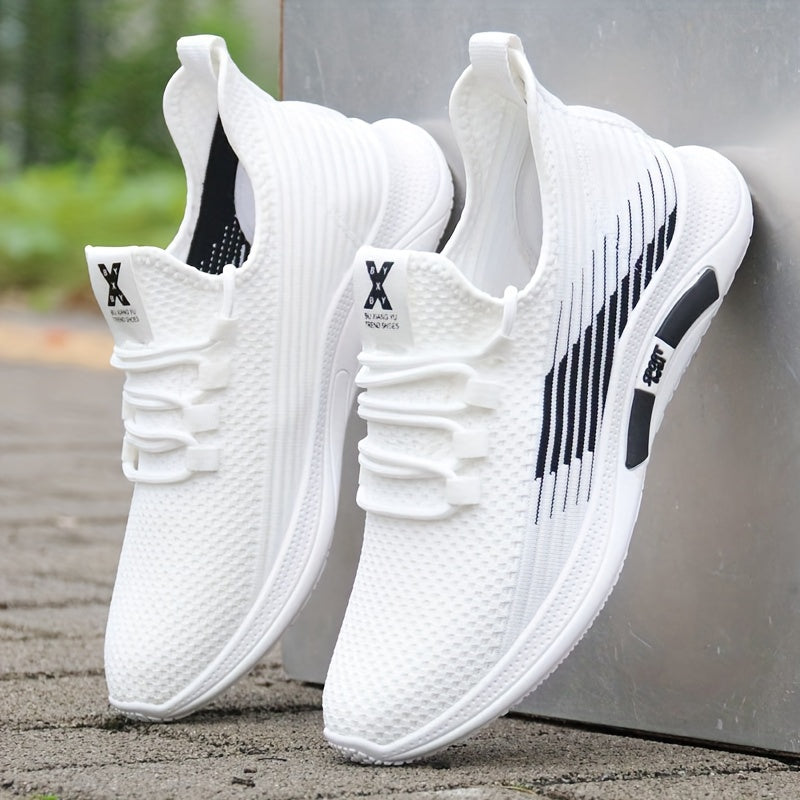 Men's Trendy Woven Knit Breathable Sneakers, Comfy Non Slip Lace Up Casual Soft Sole Shoes For Men's Outdoor Activities