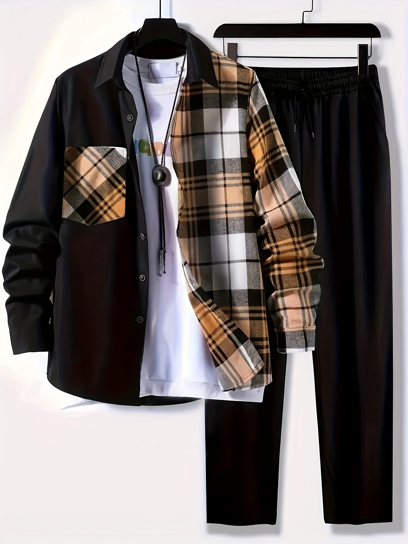 Plus Size Men's Plaid Shirt & Pants Set For Spring\u002Fautumn, Oversized Loose Fit 2Pcs Outfits For Workout\u002Foutdoor, Men's Clothing