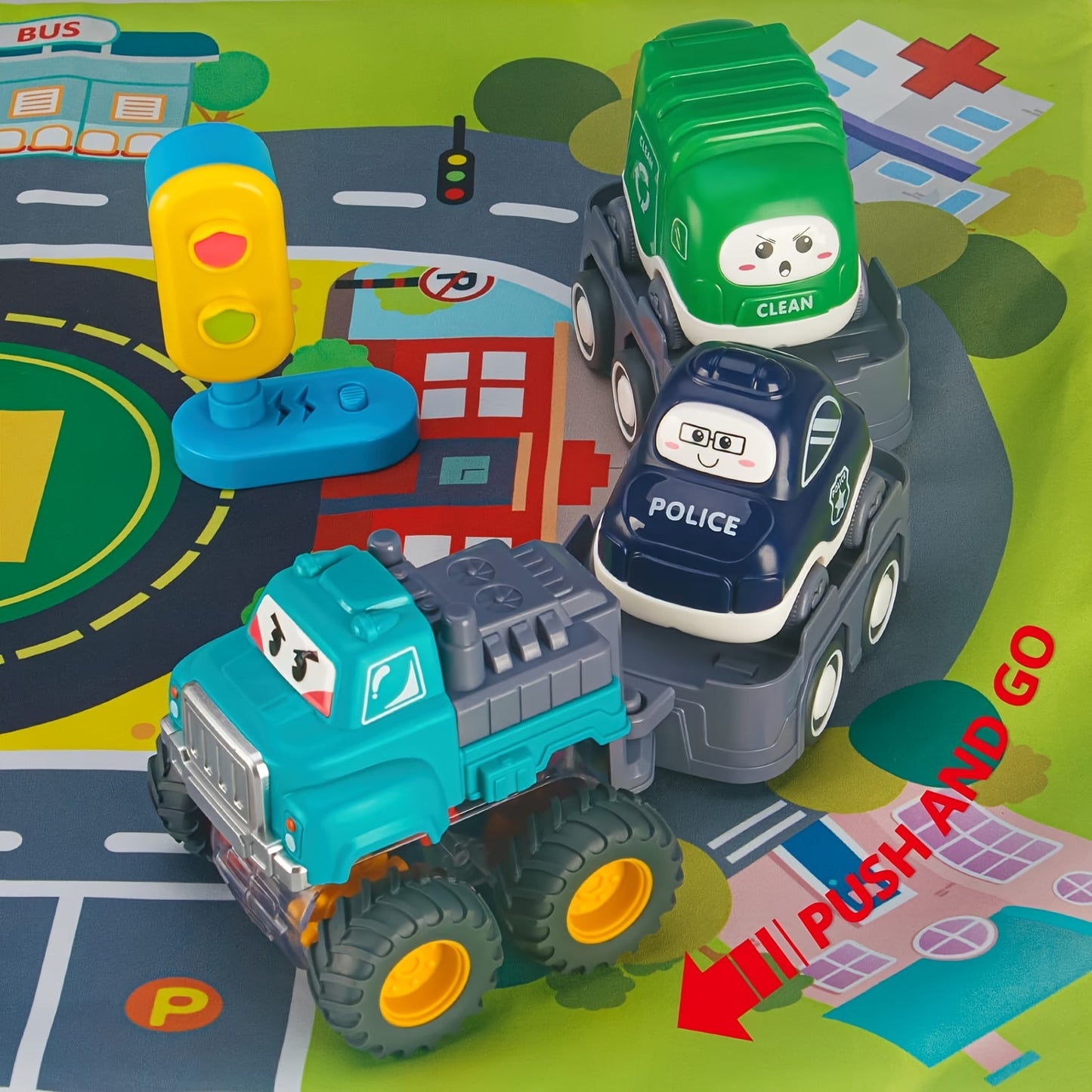 A Set Of 6 Inertia-powered Toy Cars With Trailer And City Map Storage Mat