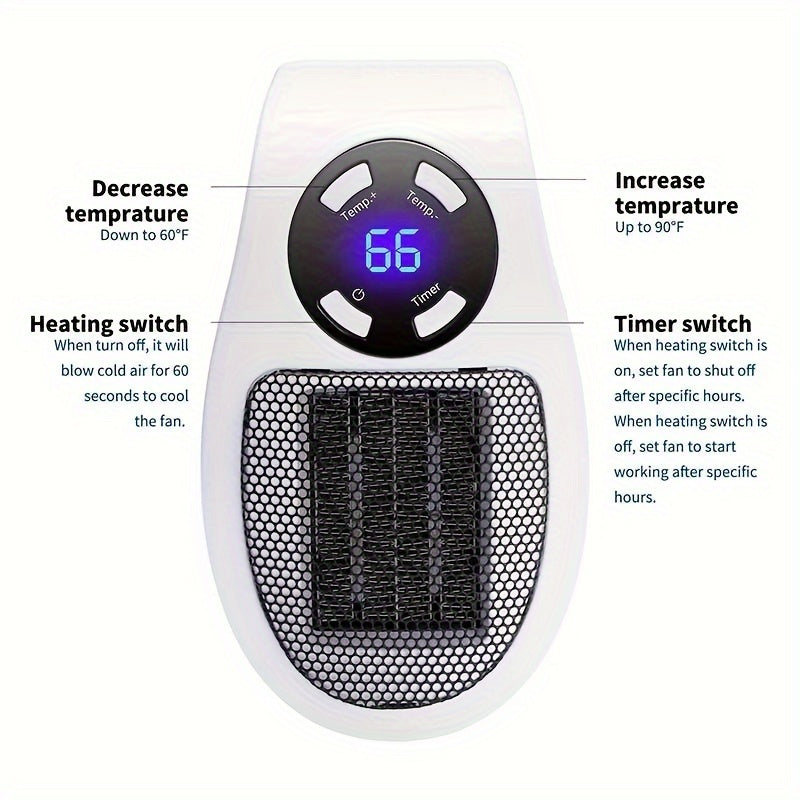 1pc, Electric Heater 500\u002F800W Portable Electric Small Heater With Wireless Remote Control Air Conditioner Adjustable Temperature Controller And Timer Overheating Protection LED Display Safe Heater For Office Dorm Winter Air Conditioner Christmas Gift