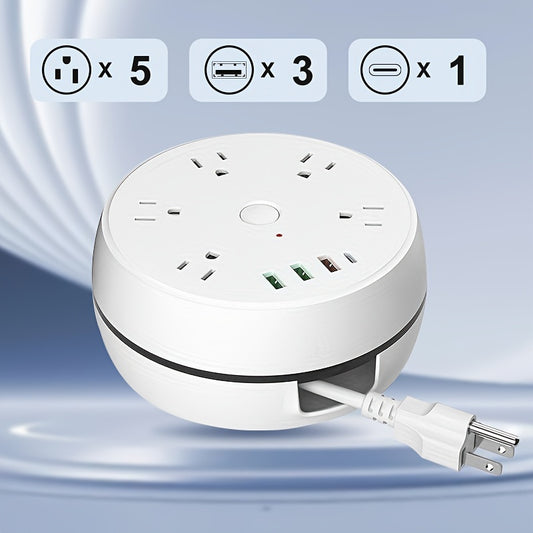 Tablero de energía de viaje, tablero de energía retráctil, con 5 tomas de CA y 3 puertos USB (1 USB C), cable de extensión retráctil de tres enchufes estándar americano de 51,18 pulgadas, esencial para cruceros, adecuado para hoteles de viaje, blanco