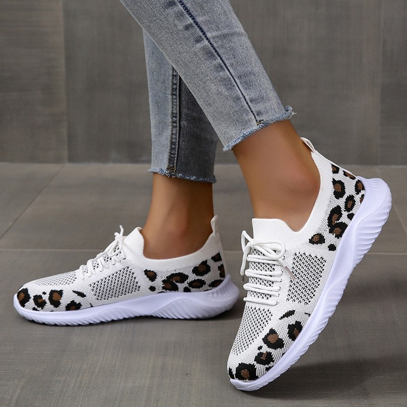 Women's Breathable & Lightweight Sneakers, Leopard Pattern Lace-up Running Shoes, Women's Footwear