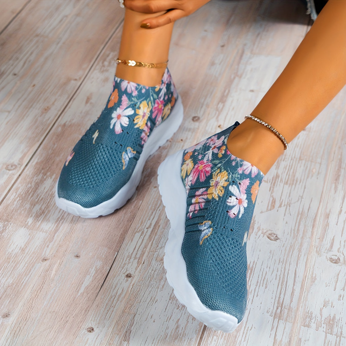 Women's Rhinestone Decor Sneakers, Floral & Butterfly Print Slip On Shoes, Breathable Knit Running Shoes