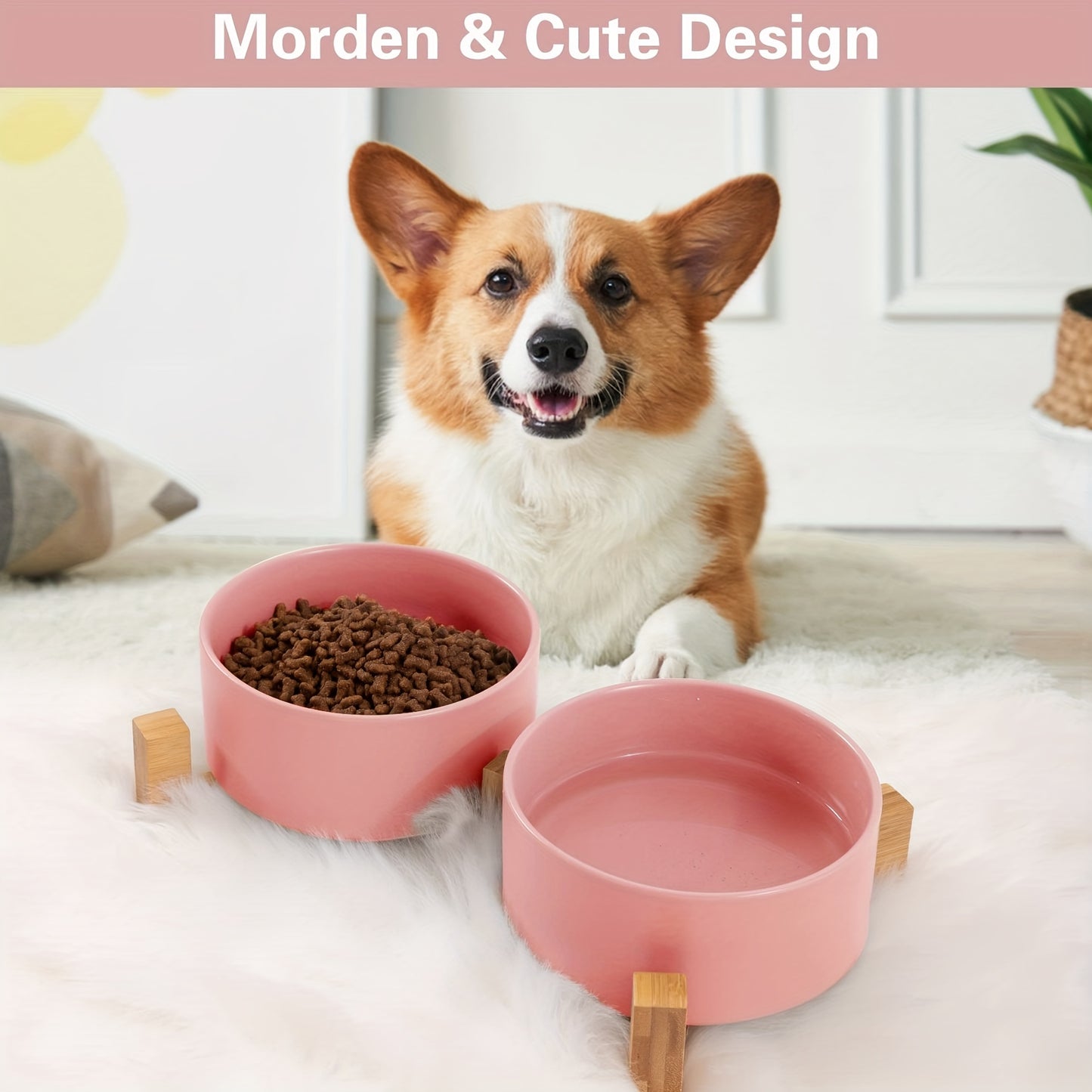 Elevated Pet Double Bowls, Ceramic Non-slip Cat Food And Water Bowl With Wooden Stand, Easy To Clean Cat Feeding Basin For Small Sized Cats And Dogs .