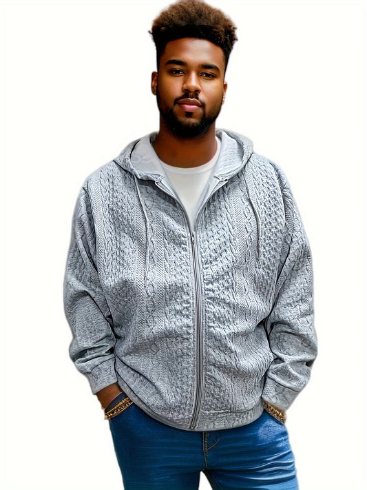 Plus Size Men's Solid Jacquard Hoodies Fashion Casual Hooded Jacket For Fall Winter, Men's Clothing