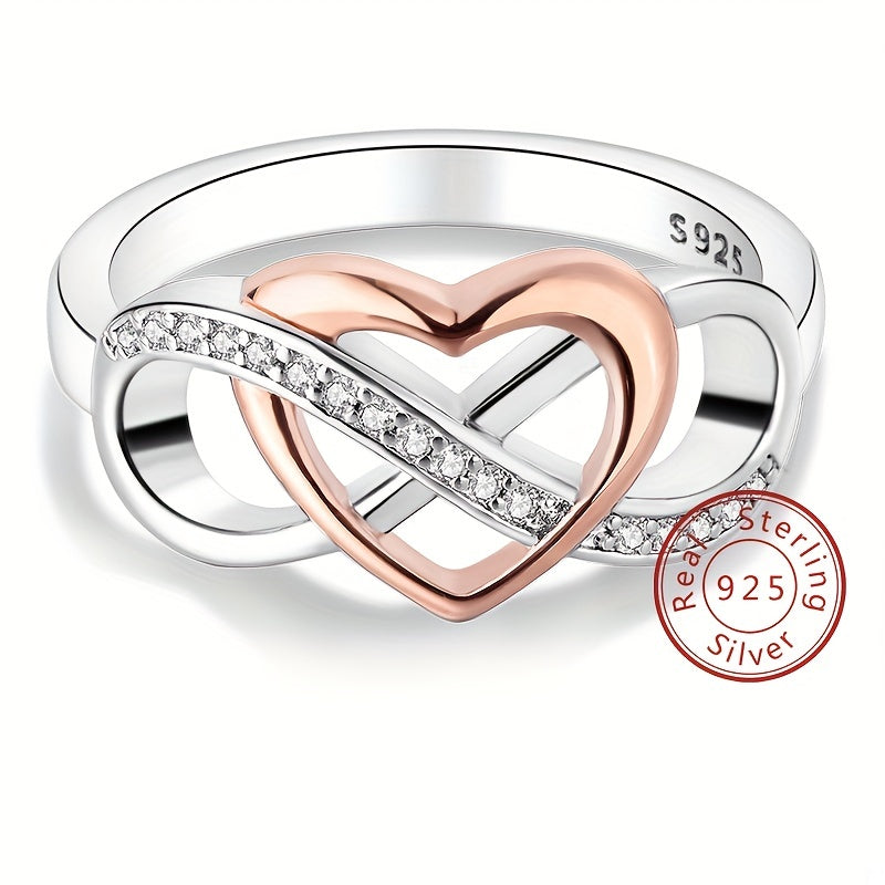 925 Sterling Silver Ring 18k Gold Plated Trendy Heart + Infinity Design Paved Shining Zirconia Match Daily Outfits Party Accessory Perfect Gift For Female High Quality Jewelry