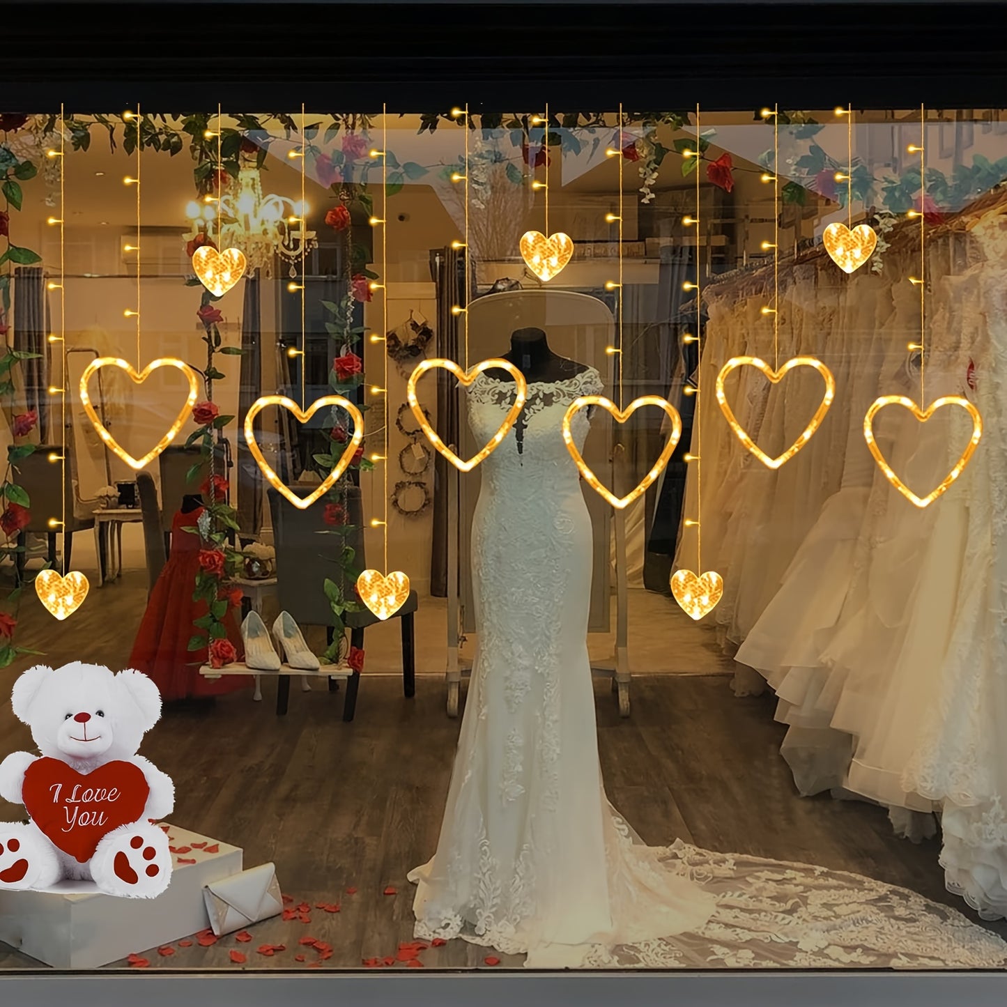Waterproof Heart-Shaped LED Curtain String Lights with 138 LEDs, 8 Flashing Modes, and Dual Power Options - Perfect for Valentine's Day, Weddings, Christmas, and More!