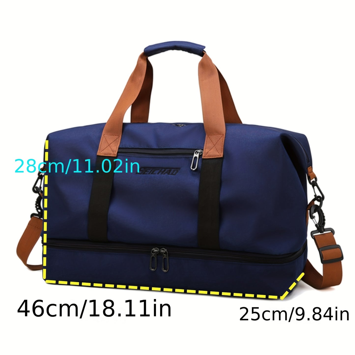 Bolsa de ombro durável para viagem com separação seca e molhada, bolsa portátil com alça dupla e zíper, bolsa crossbody para fim de semana de grande capacidade