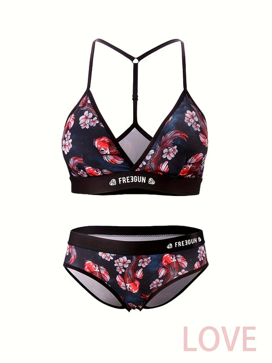 Valentine's Day Heart Print Bra & Panties, Triangle Halter Bra & Panties Lingerie Set, Women's Lingerie & Underwear