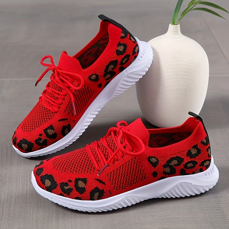 Women's Breathable & Lightweight Sneakers, Leopard Pattern Lace-up Running Shoes, Women's Footwear